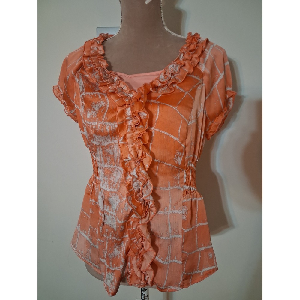 Sequin Hearts Womens Mango  Abstract Satin Ruffle V-Neck Smocked Blouse Large